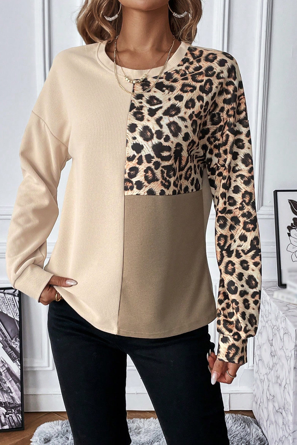 Light Grey Leopard Colorblock Waffle Knit Top