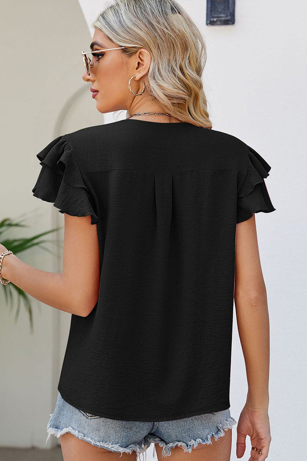 V Neck Ruffle Short Sleeve Blouse