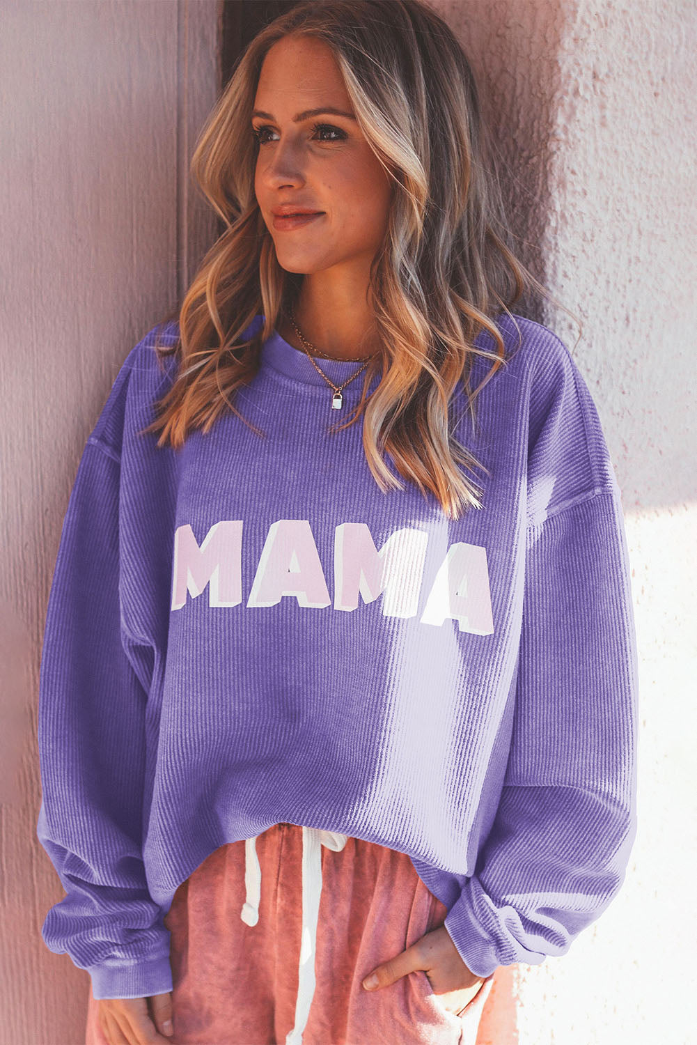 Purple MAMA Ribbed Crew Neck Pullover Sweatshirt