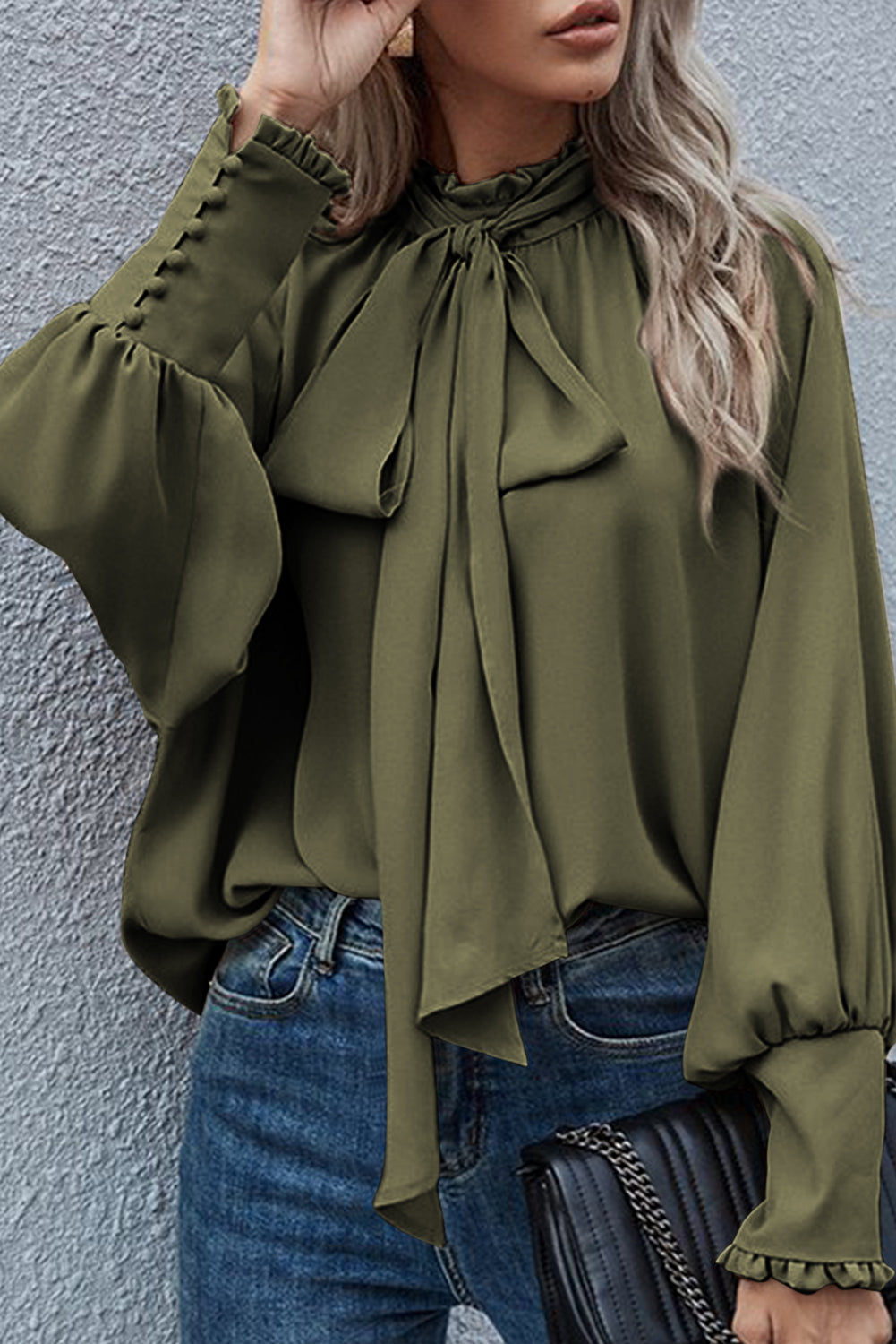 Frilled Knotted Mock Neck Bishop Sleeve Blouse