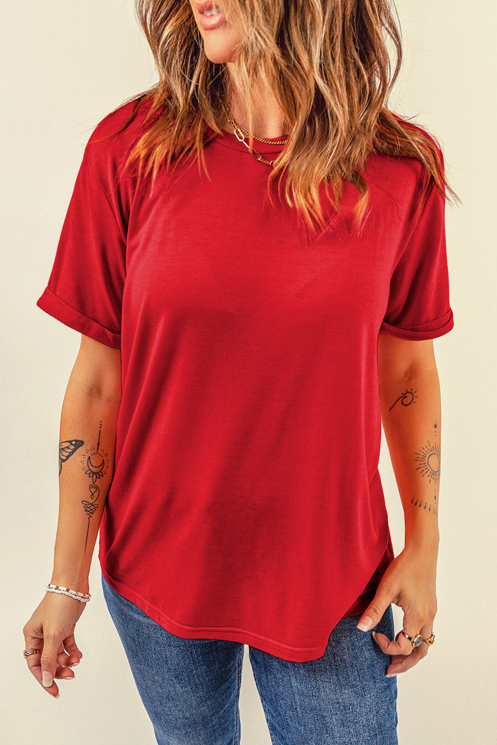 Casual Plain Crew Neck Tee