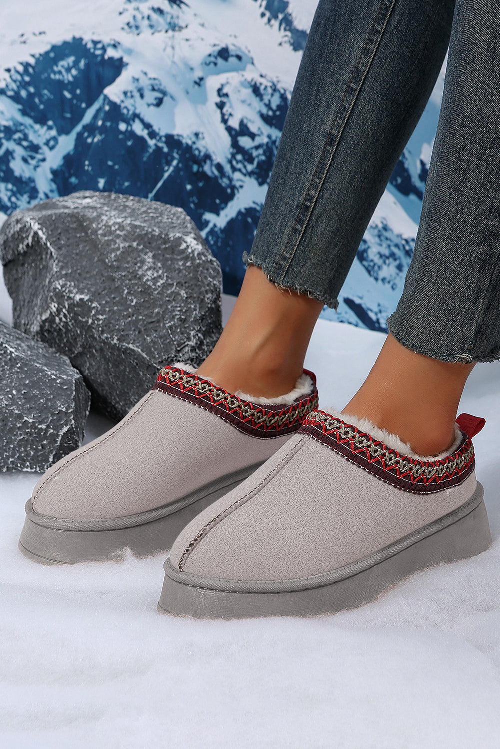 Suede Contrast Print Plush Lined Snow Boots