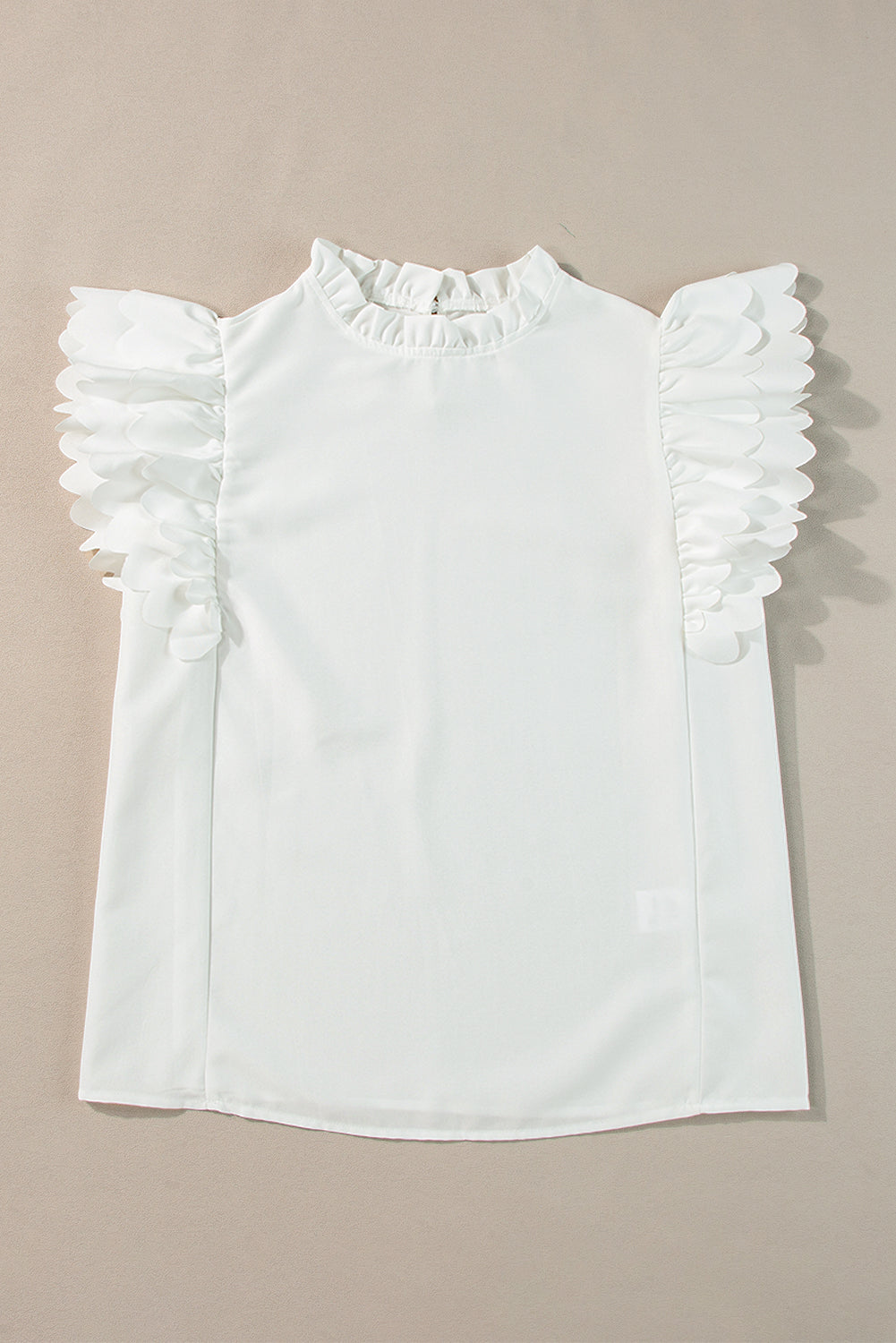 White Solid Color Scalloped Ruffle Sleeve Top