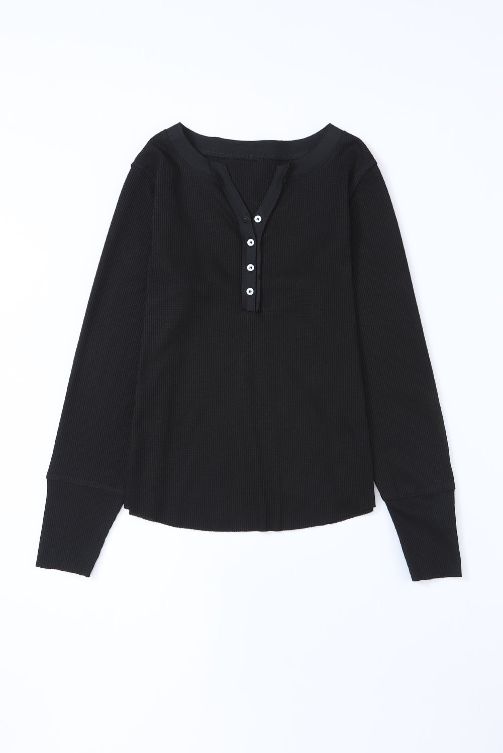 Black Trimmed Neckline Waffle Knit Henley Top