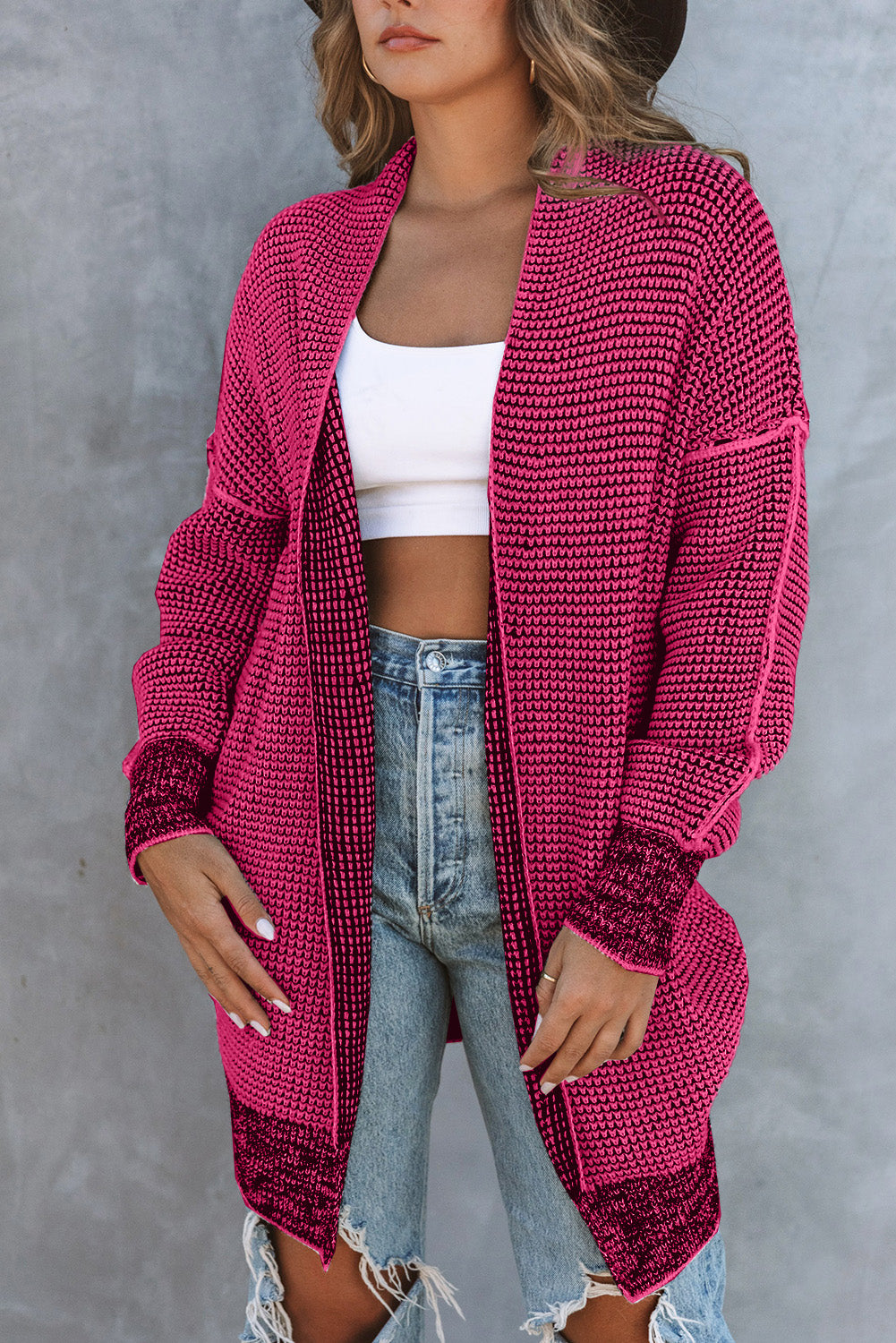 Plaid Knitted Long Open Front Cardigan