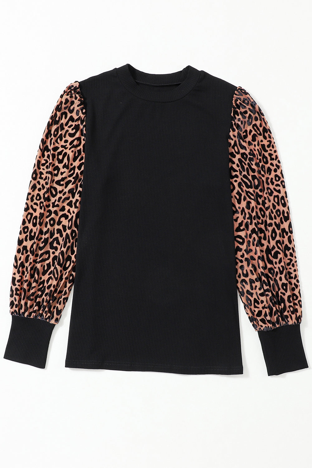 Leopard Patchwork Ribbed Knit Mock Neck Plus Size Top