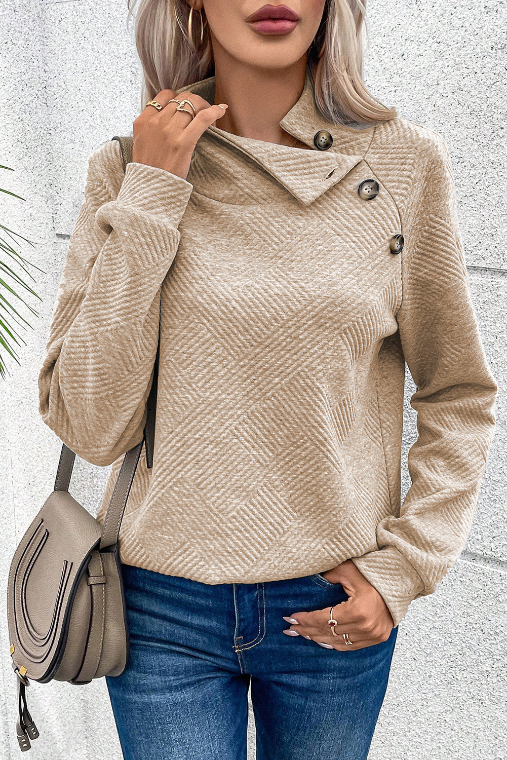 Textured Knit Buttoned Kangaroo Pocket Sweatshirt