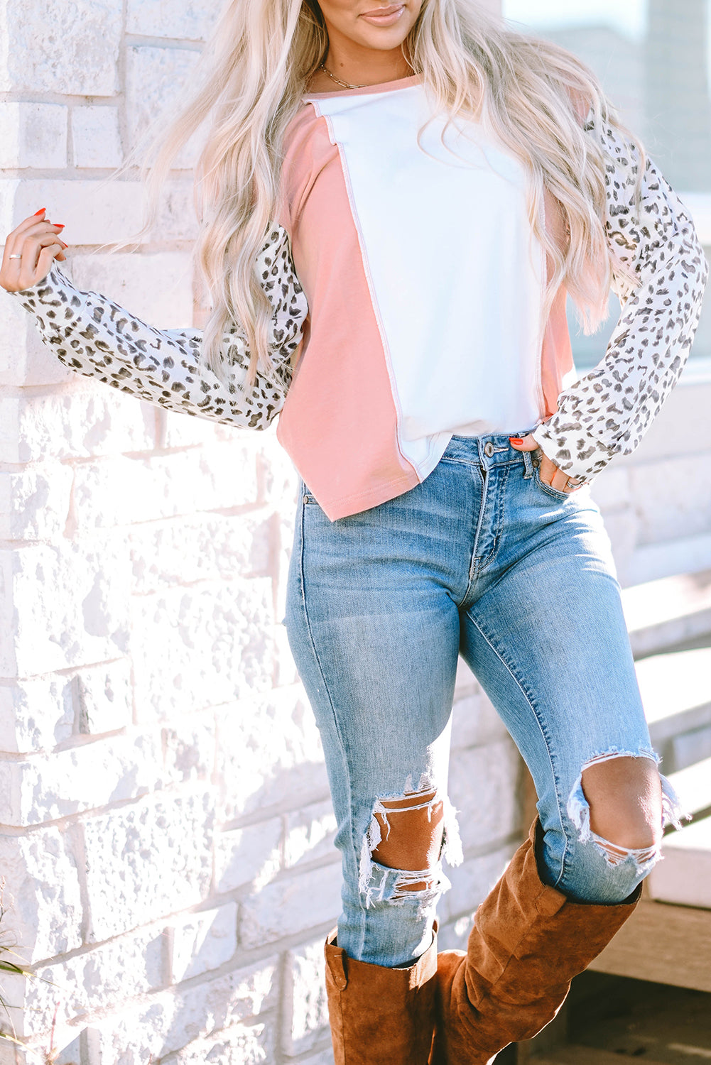 Apricot Colorblock Leopard Sleeve Patchwork Top