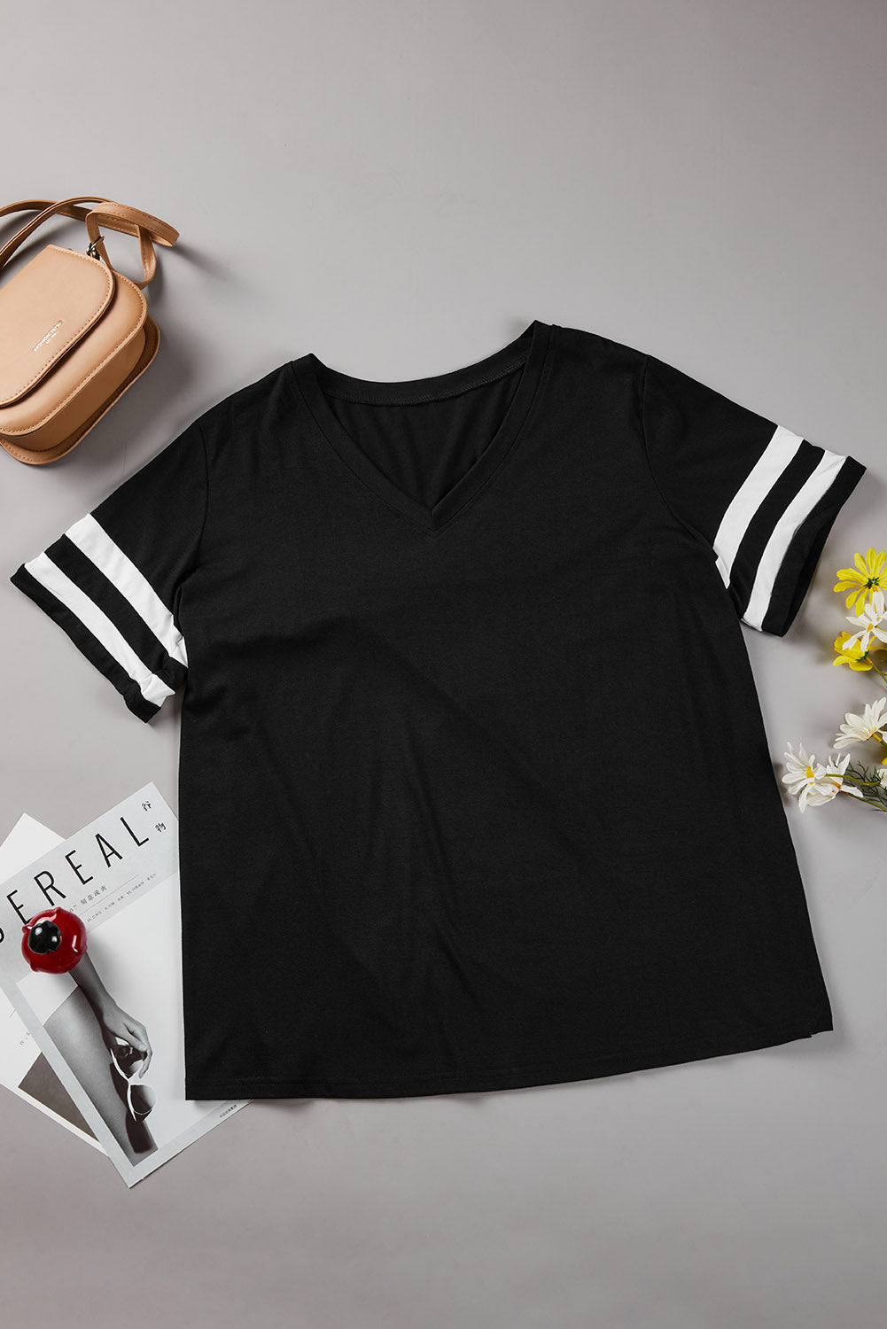 Plus Size Stripes Stitching Sleeve V Neck T-shirt