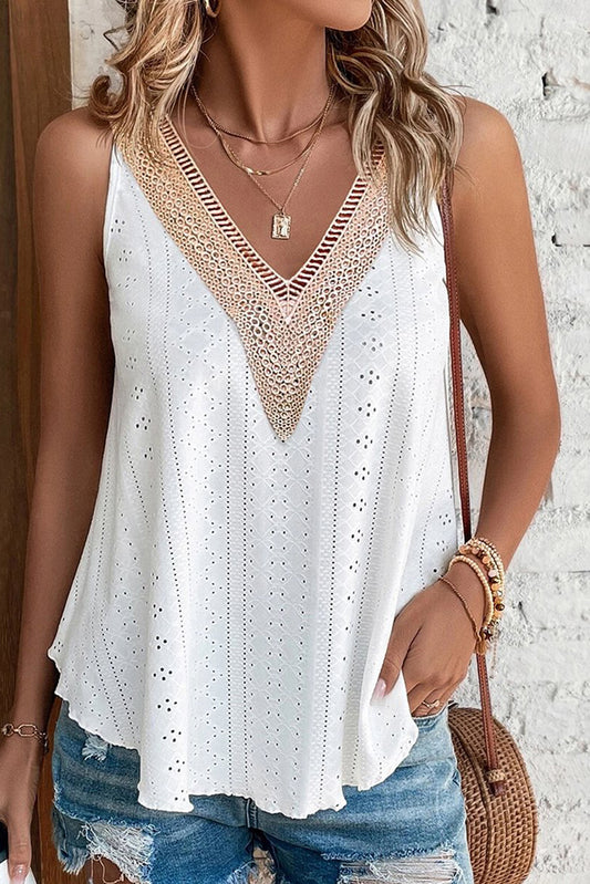 White Lace Crochet Splicing V Neck Loose Fit Tank Top