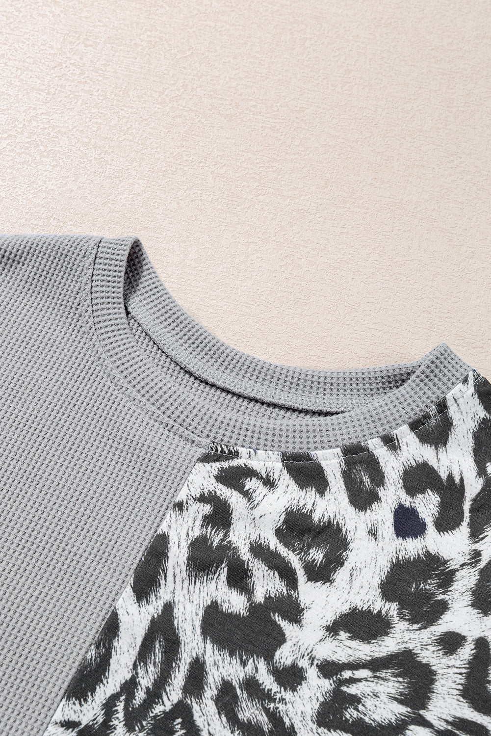 Light Grey Leopard Colorblock Waffle Knit Top