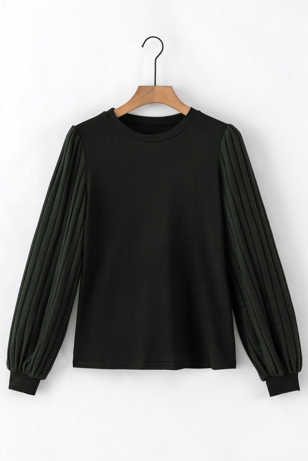 Black Buttoned V Neck Ribbed Puff Sleeve Top