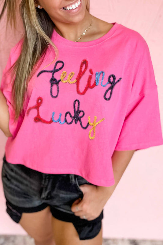 Bonbon Feeling Lucky Embroidered Letter Graphic Half Sleeve Top