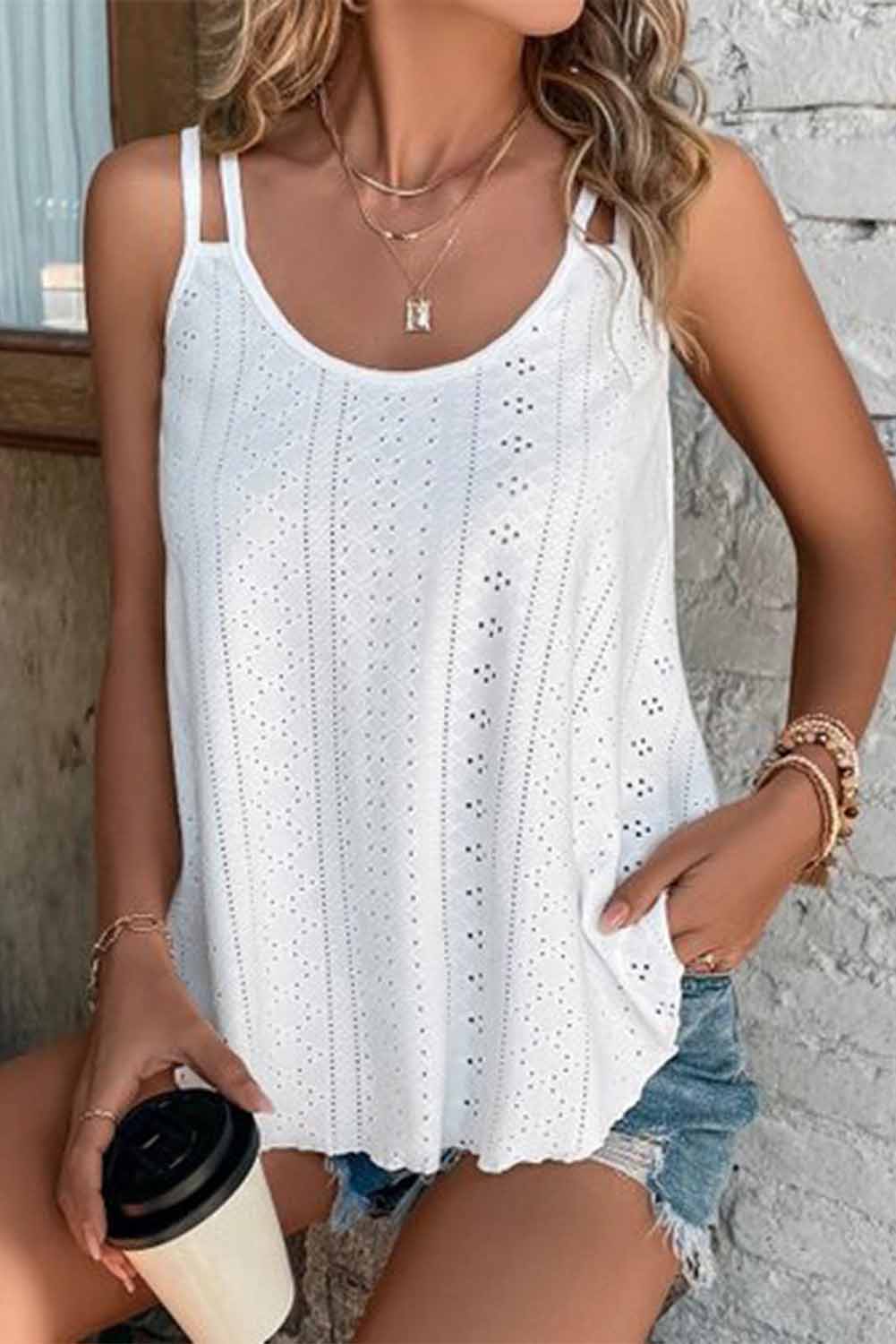 White Lace Crochet Splicing V Neck Loose Fit Tank Top