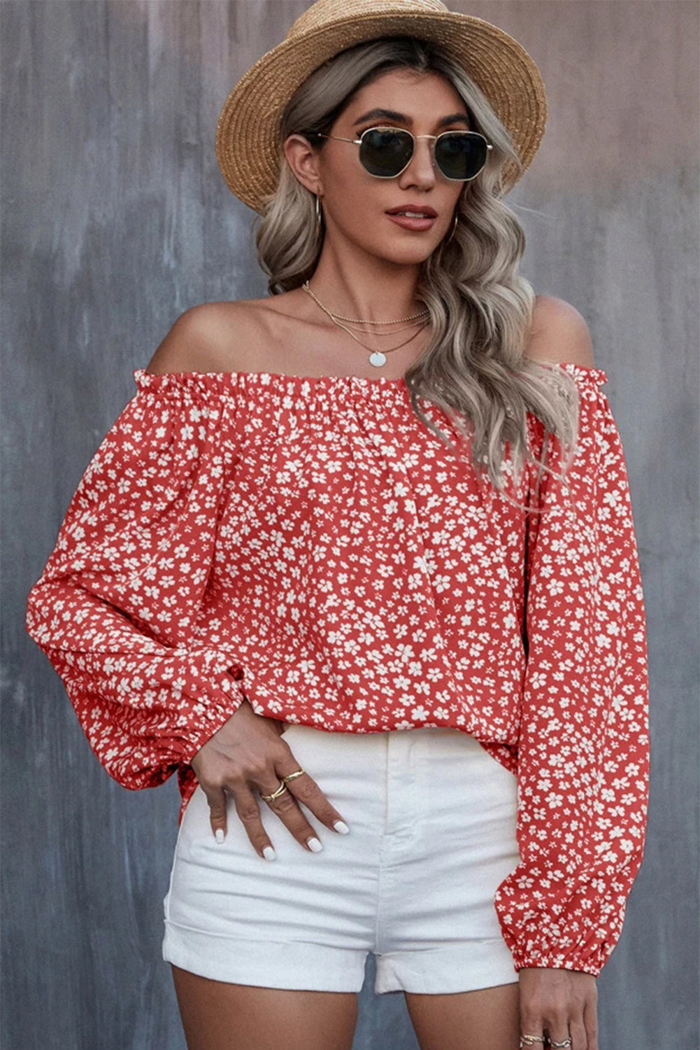 Floral Print Frill Trim Off-shoulder Lantern Sleeve Blouse