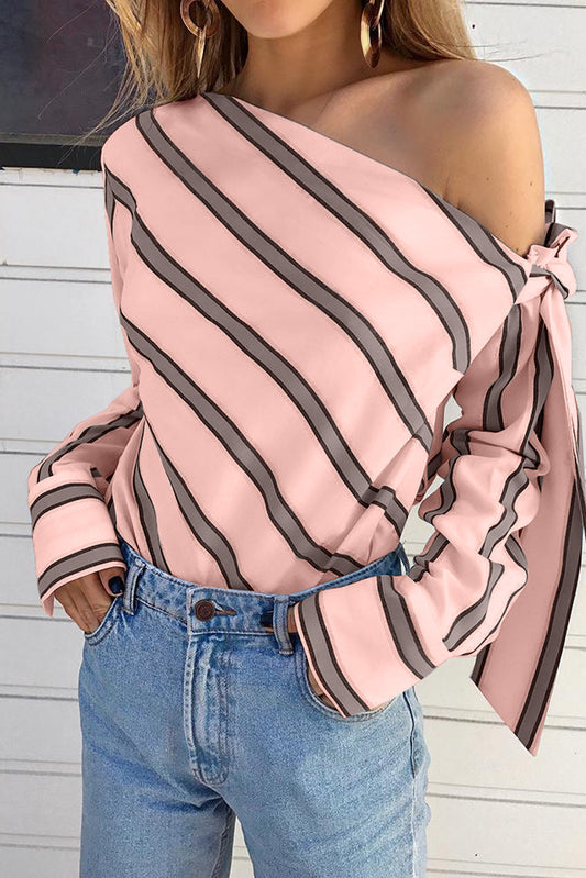 Pink Striped Asymmetric Tied Shoulder Blouse