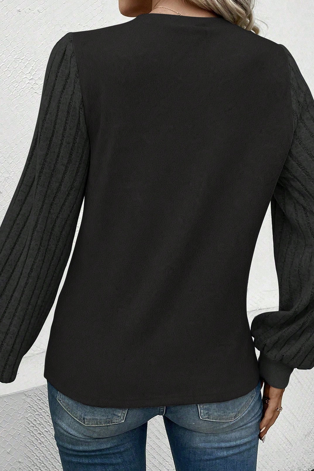 Black Buttoned V Neck Ribbed Puff Sleeve Top