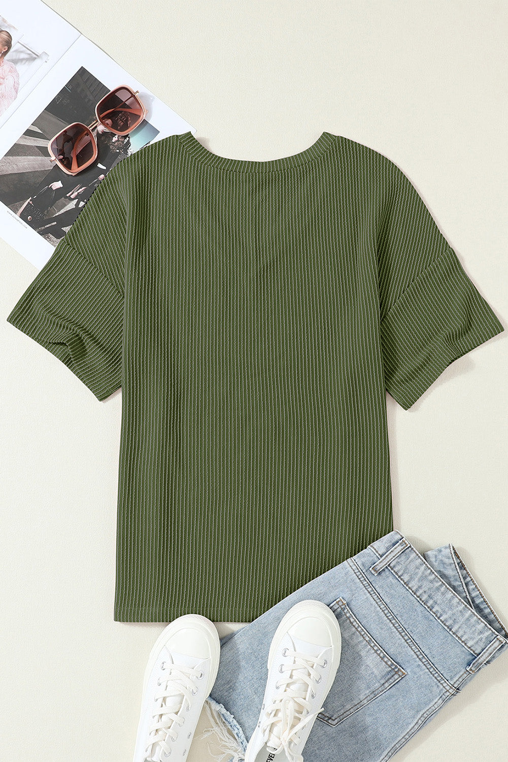 Corded V Neck Chest Pocket Loose T-shirt