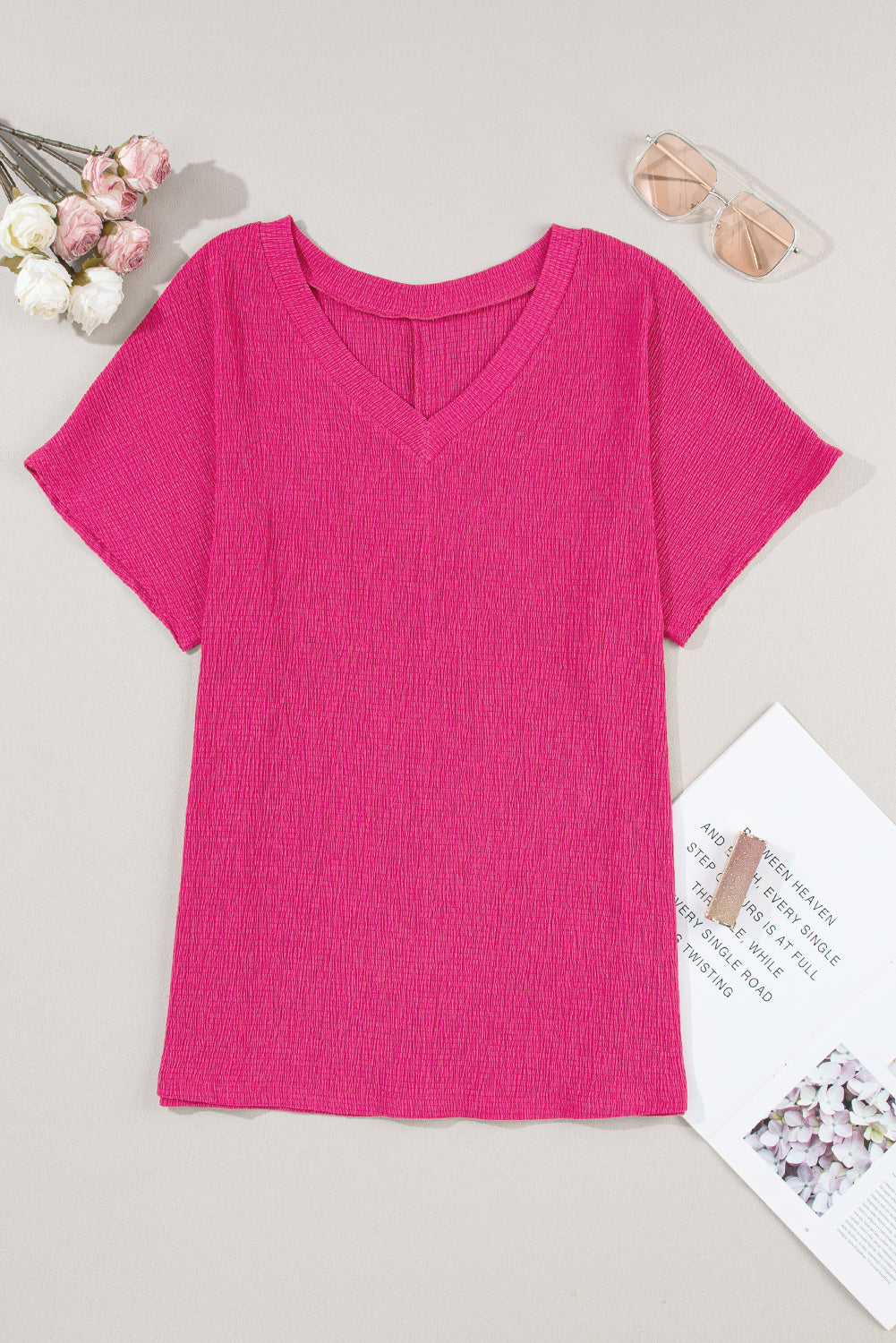 Black Crinkled V Neck Wide Sleeve T-shirt