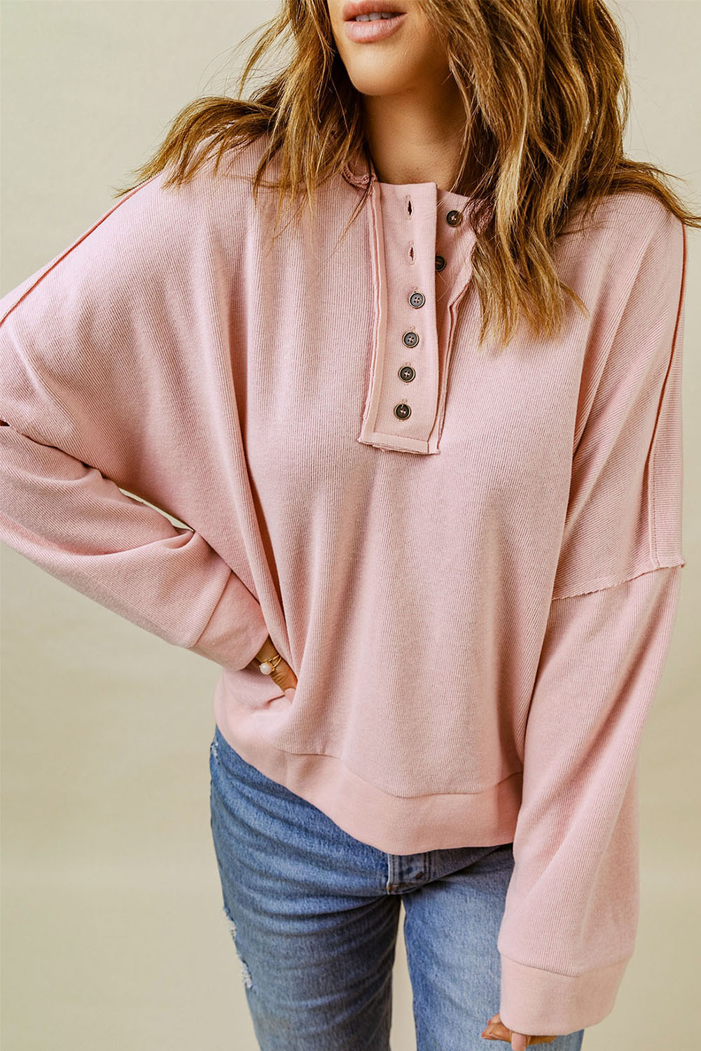 Pink Casual Button Solid Patchwork Trim Hoodie