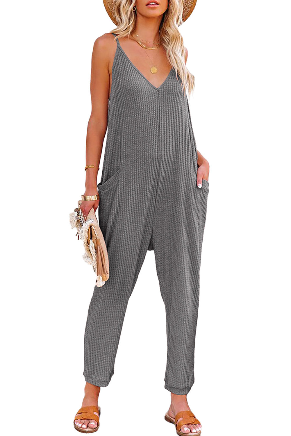 Black Textured Sleeveless V-Neck Pocketed Casual Jumpsuit