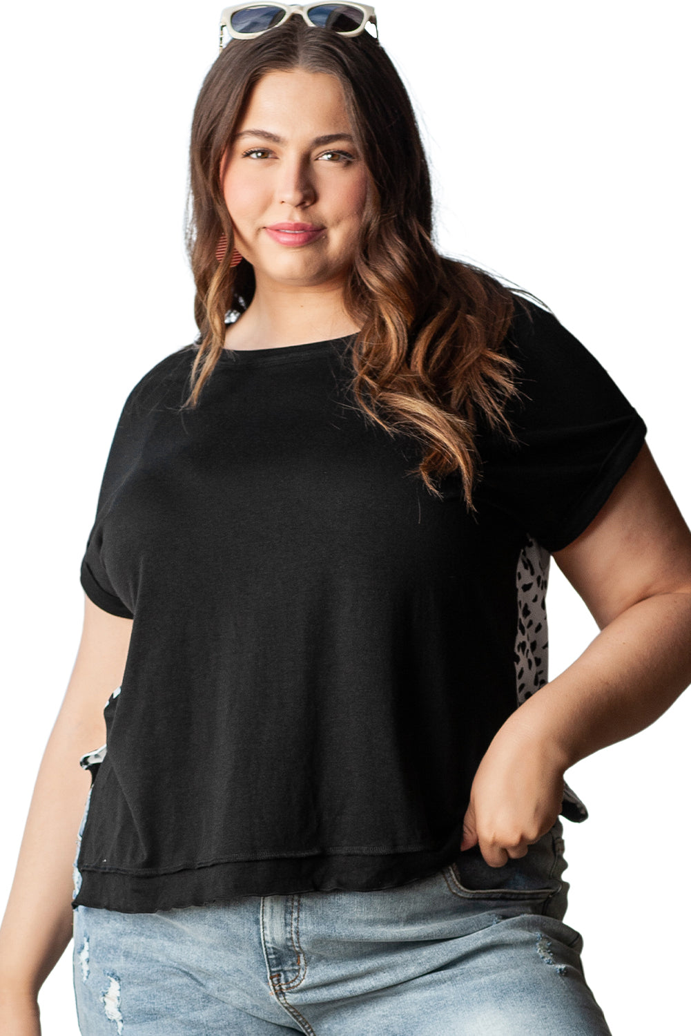 Black Plus Size Cheetah Back Rolled Cuffs T-shirt