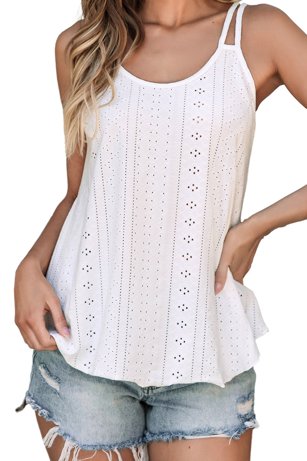 White Lace Crochet Splicing V Neck Loose Fit Tank Top