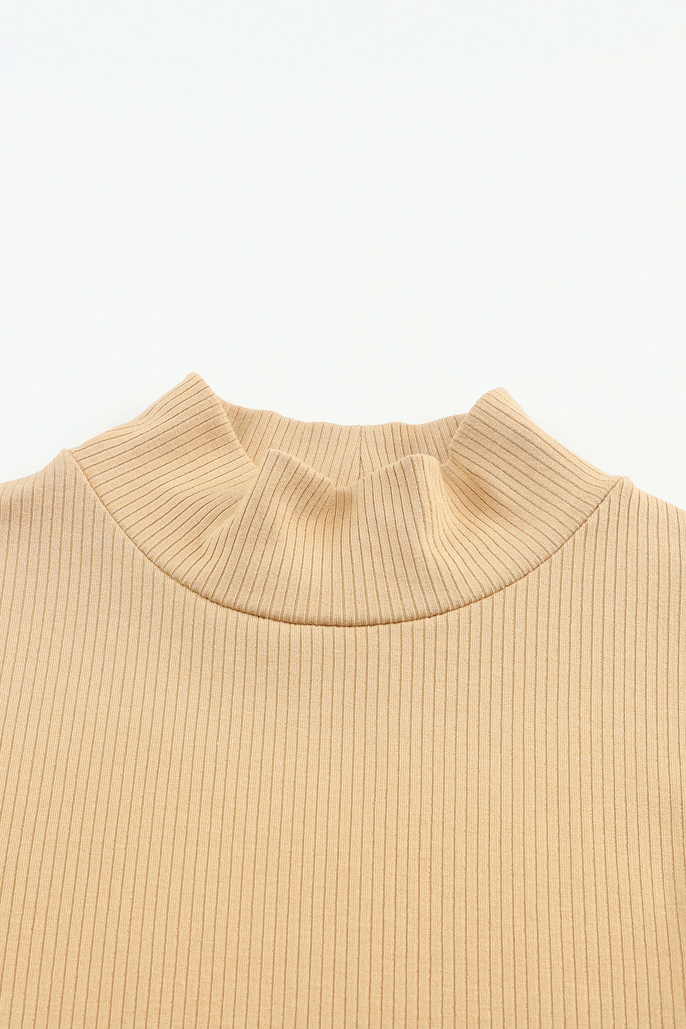 Khaki Ribbed Knit High Neck Long Sleeve Top