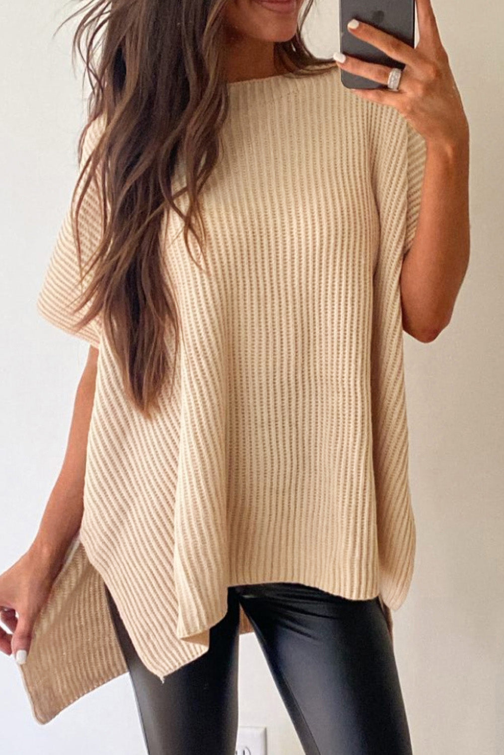 Gray Short Sleeve Side Slit Oversized Sweater