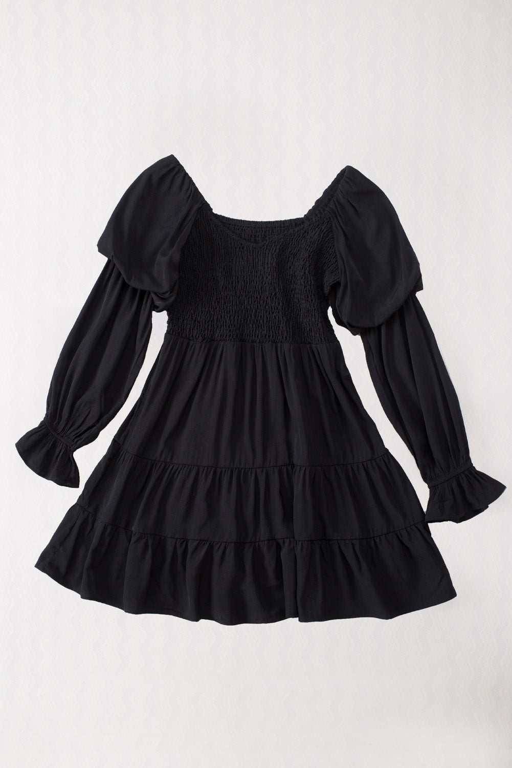 Black Boho Solid Shirred Ruffle Mini Dress