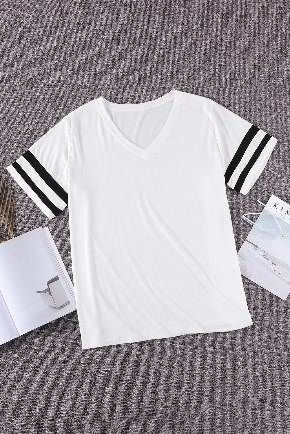 Plus Size Stripes Stitching Sleeve V Neck T-shirt