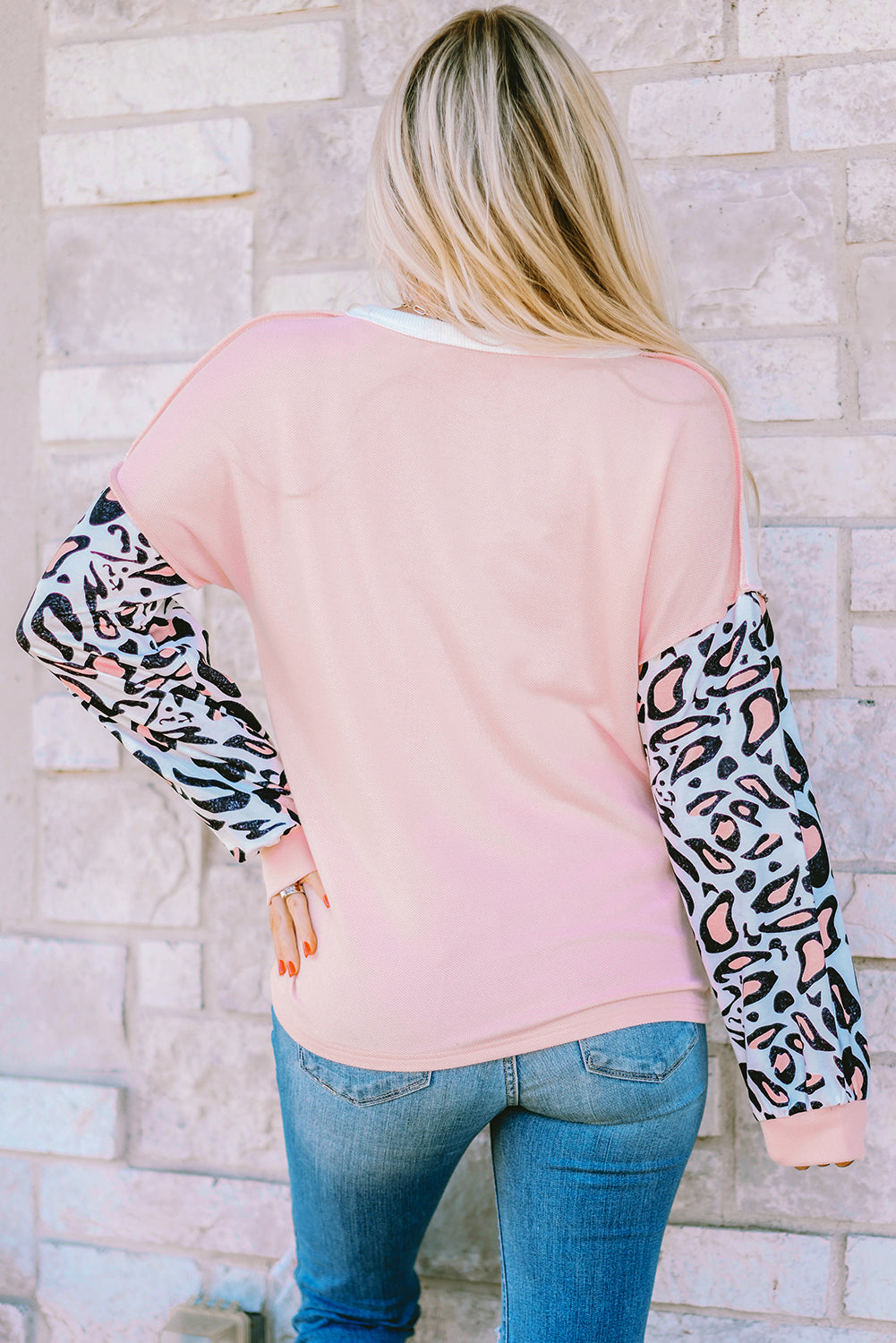 Bonbon Leopard Sleeve Patchwork Waffle Knit Top