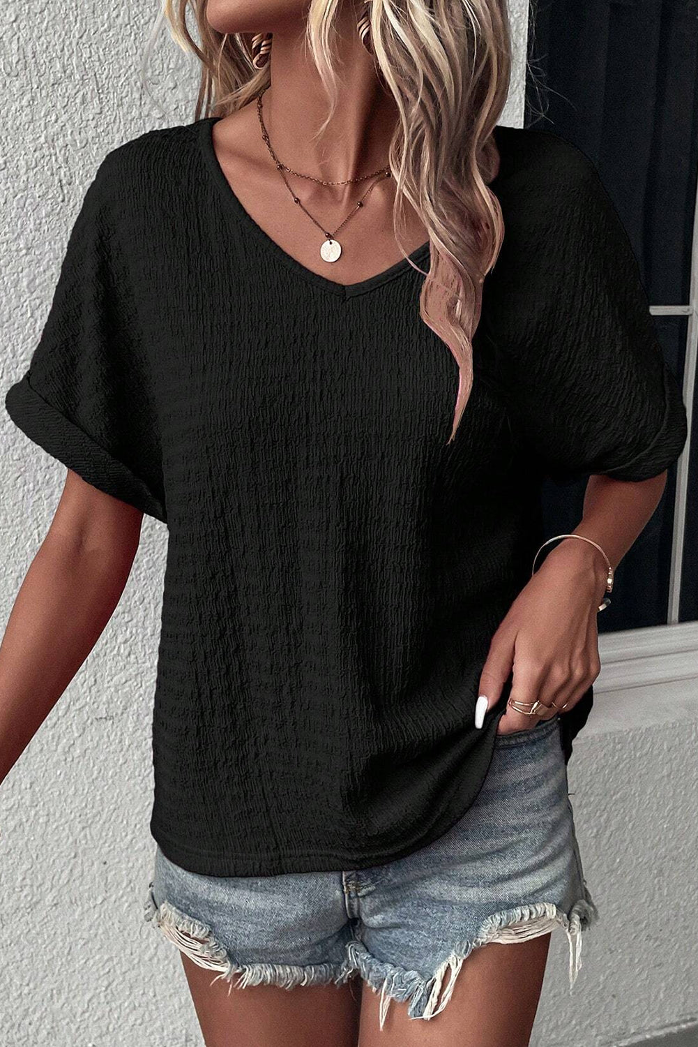 Textured Rolled Short Sleeve V Neck Tee