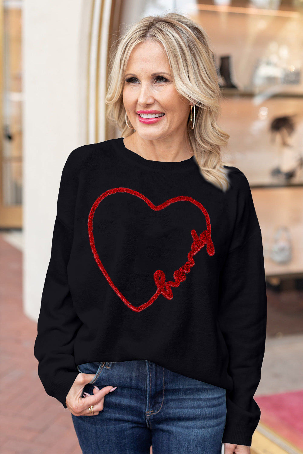 Pink Howdy Heart Graphic Round Neck Casual Sweater