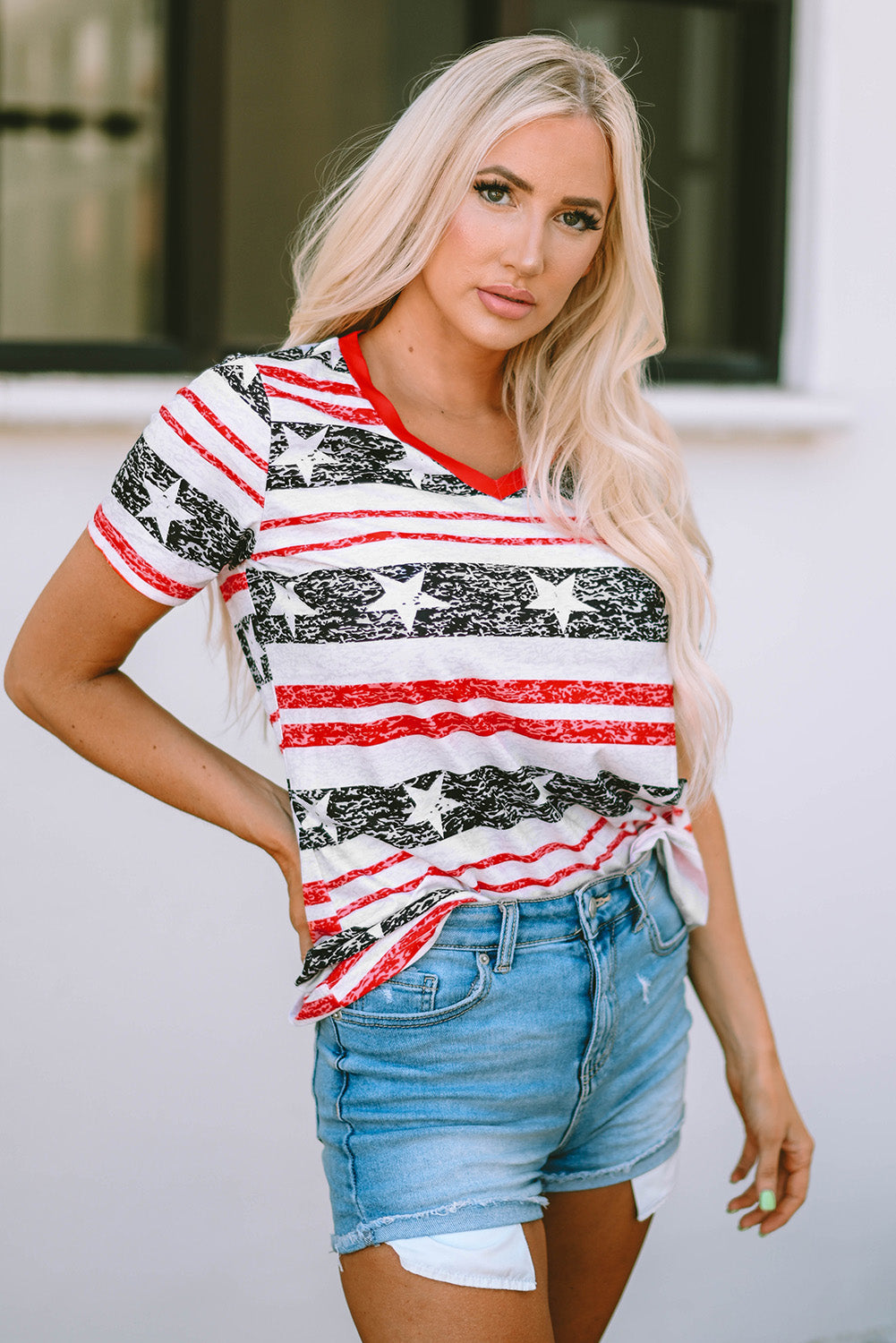 Gray Star and Stripe Print V-Neck Casual T-Shirt