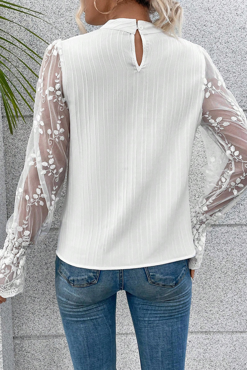 Contrast Lace Sleeve Mock Neck Textured Blouse