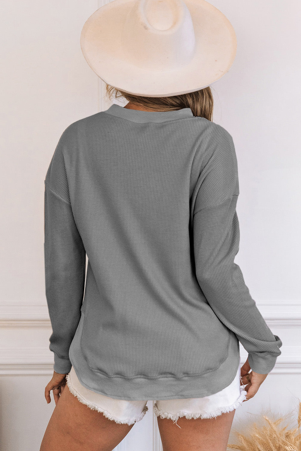 Apricot Crew Neck Ribbed Trim Waffle Knit Top