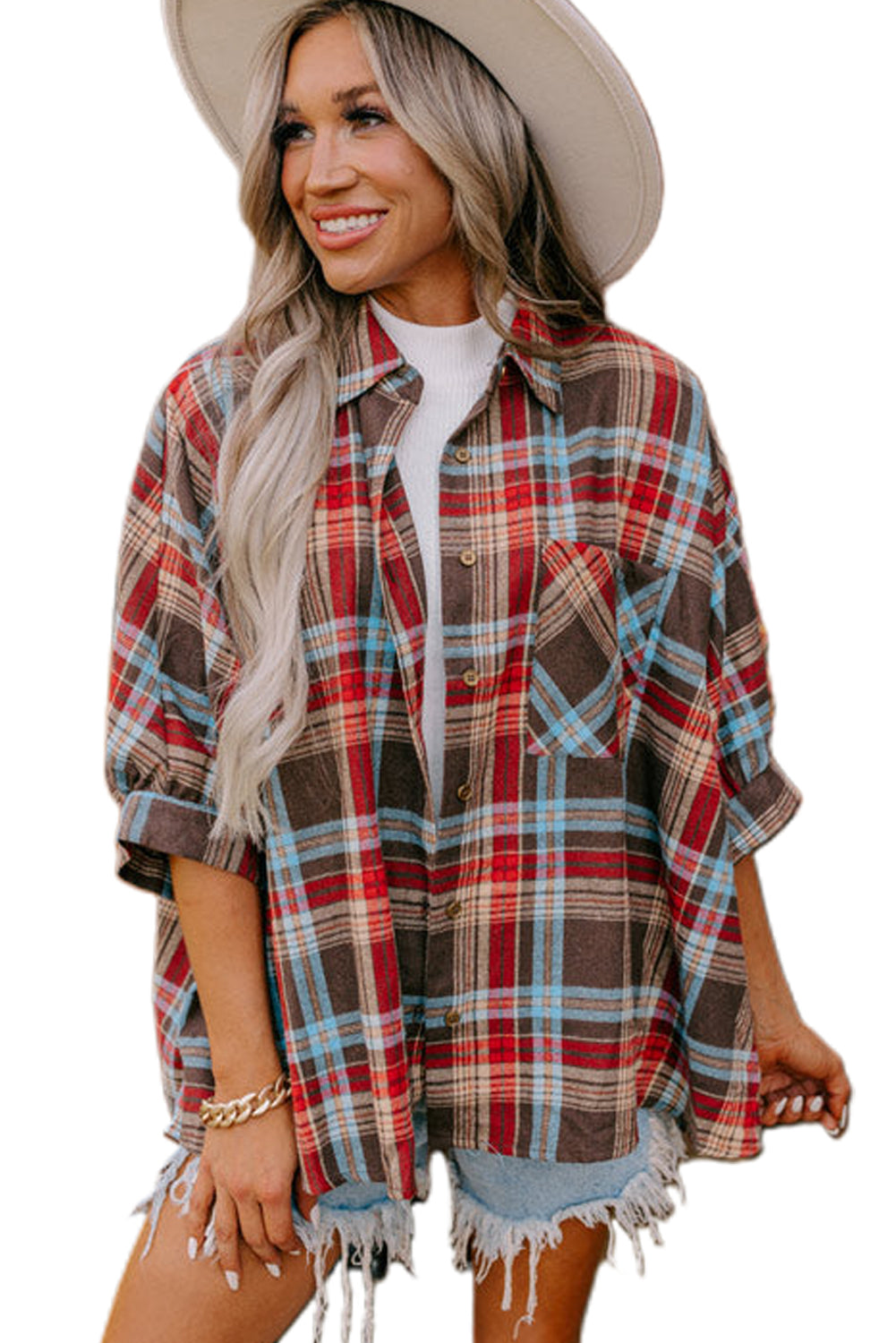 Fiery Red Loose Bracelet Sleeve Plaid Shirt