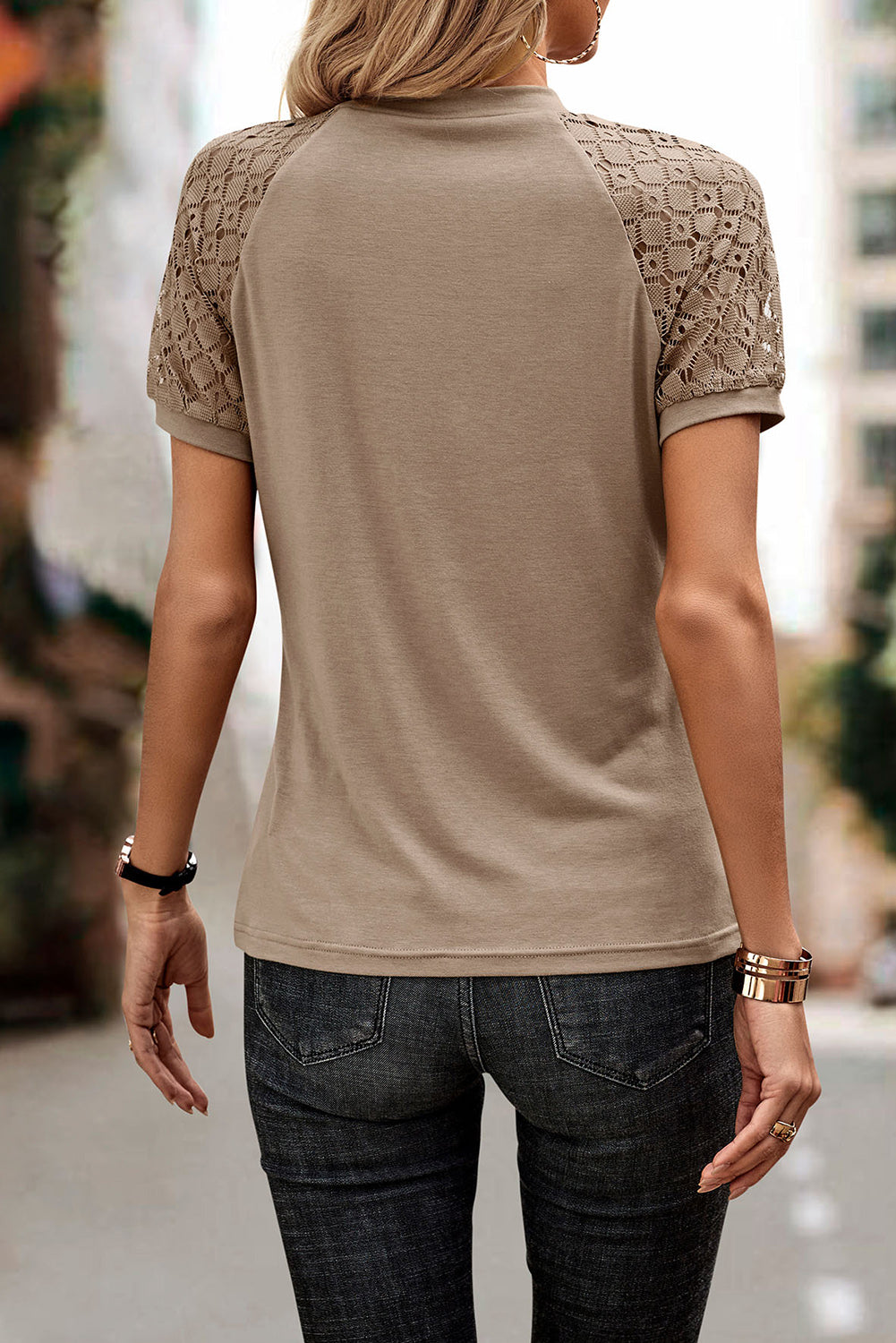 Seamed Detail Contrast Lace Raglan Sleeve Tee