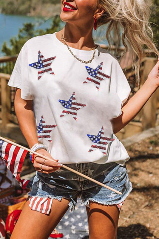 Sequined American Flag Star Graphic T Shirt