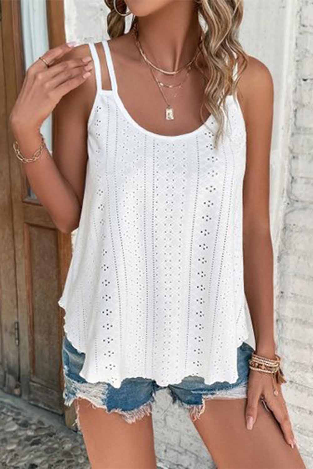 White Lace Crochet Splicing V Neck Loose Fit Tank Top