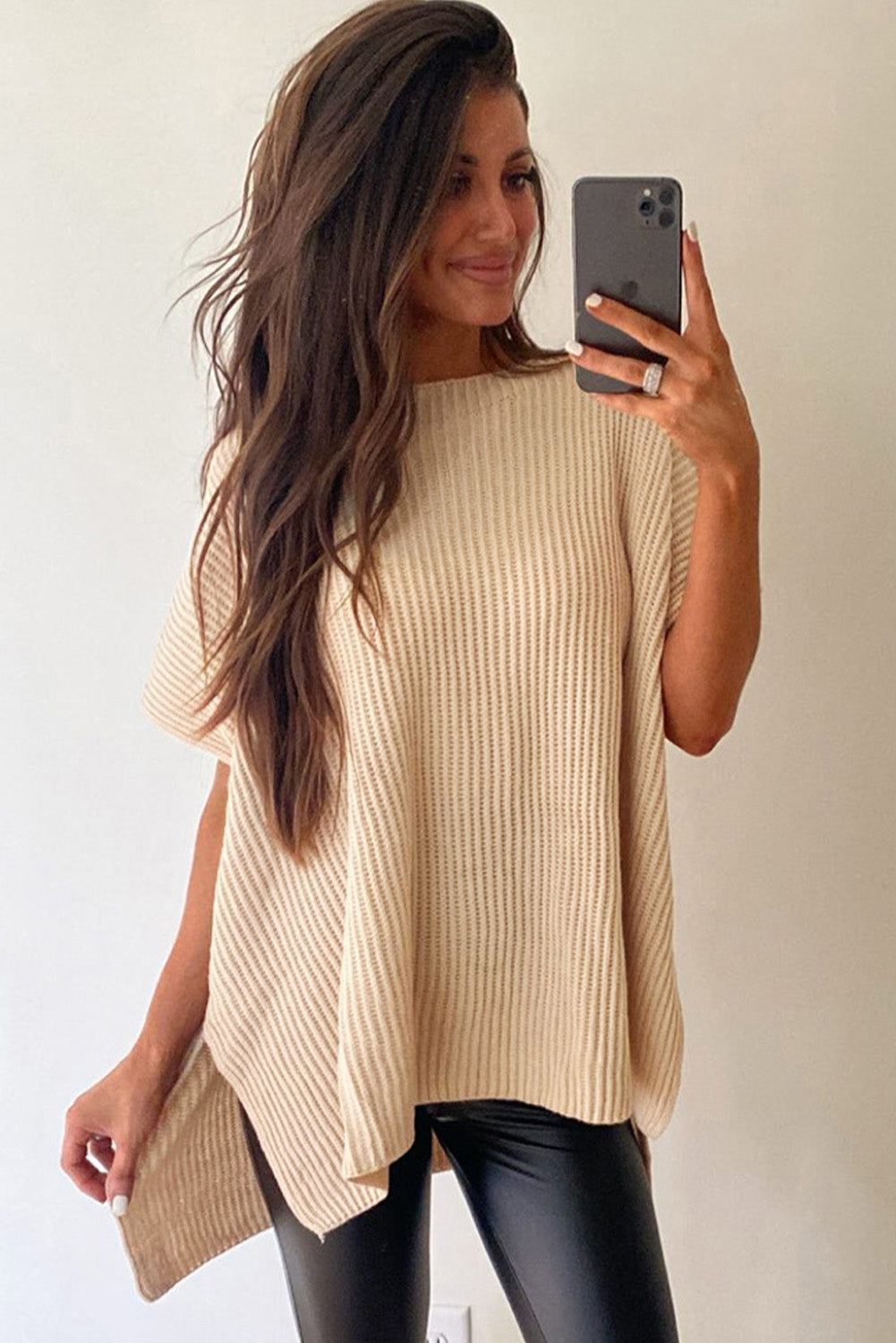 Rose Red Short Sleeve Side Slit Oversized Sweater