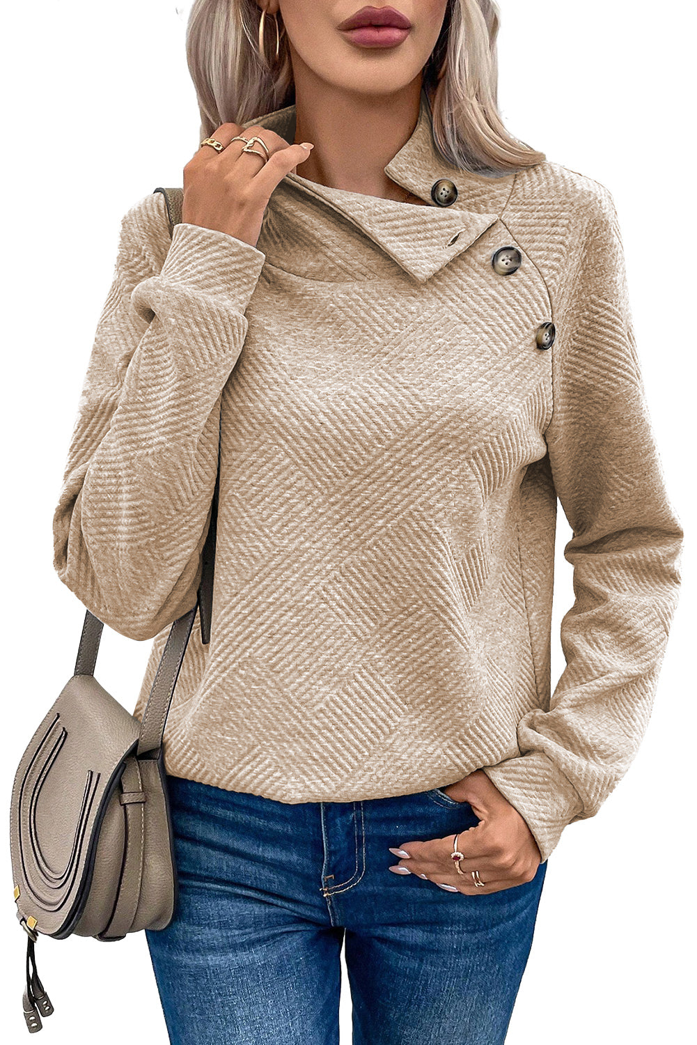 Textured Knit Buttoned Kangaroo Pocket Sweatshirt