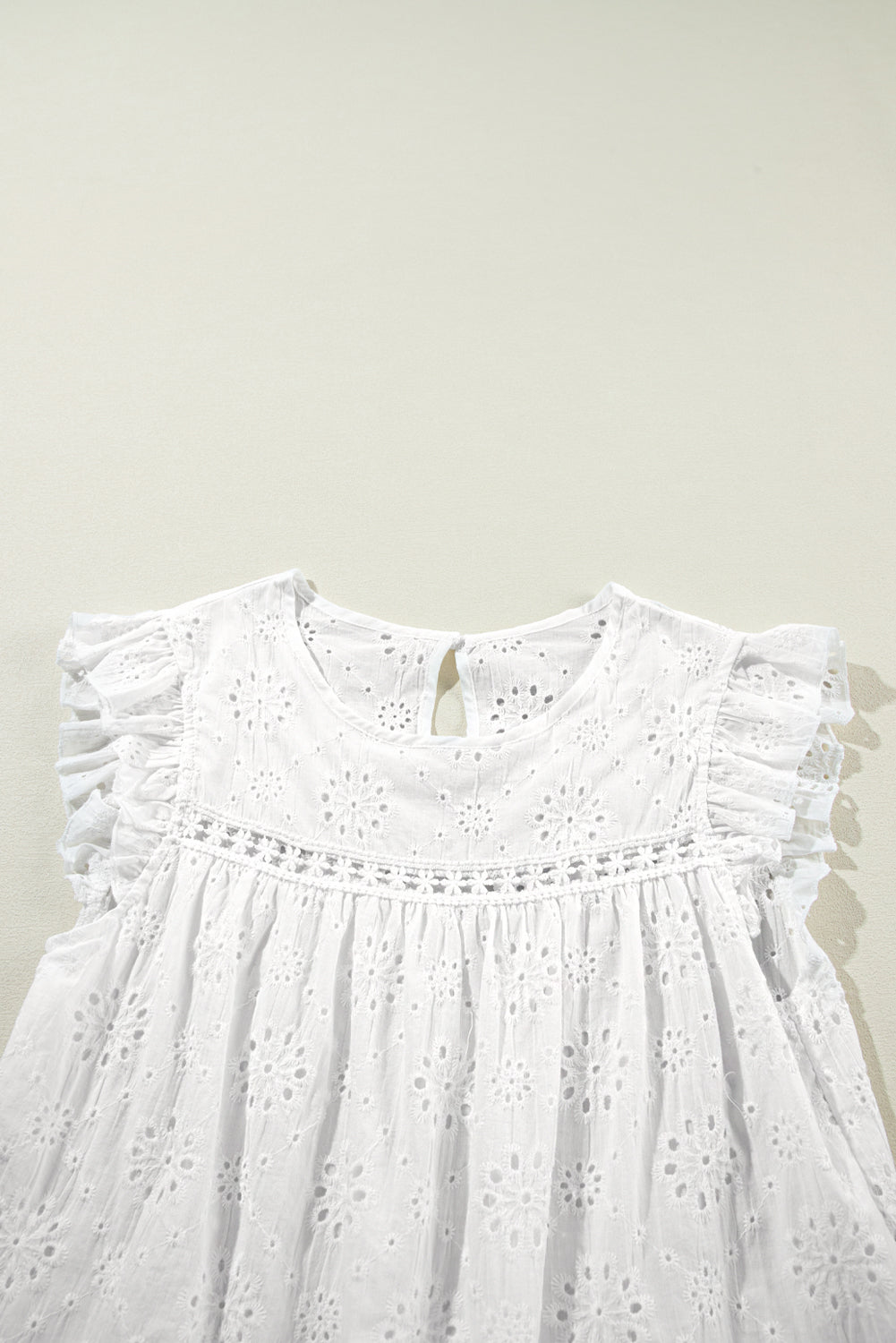 White Eyelet Embroidered Ruffled Flutter Sleeve Blouse