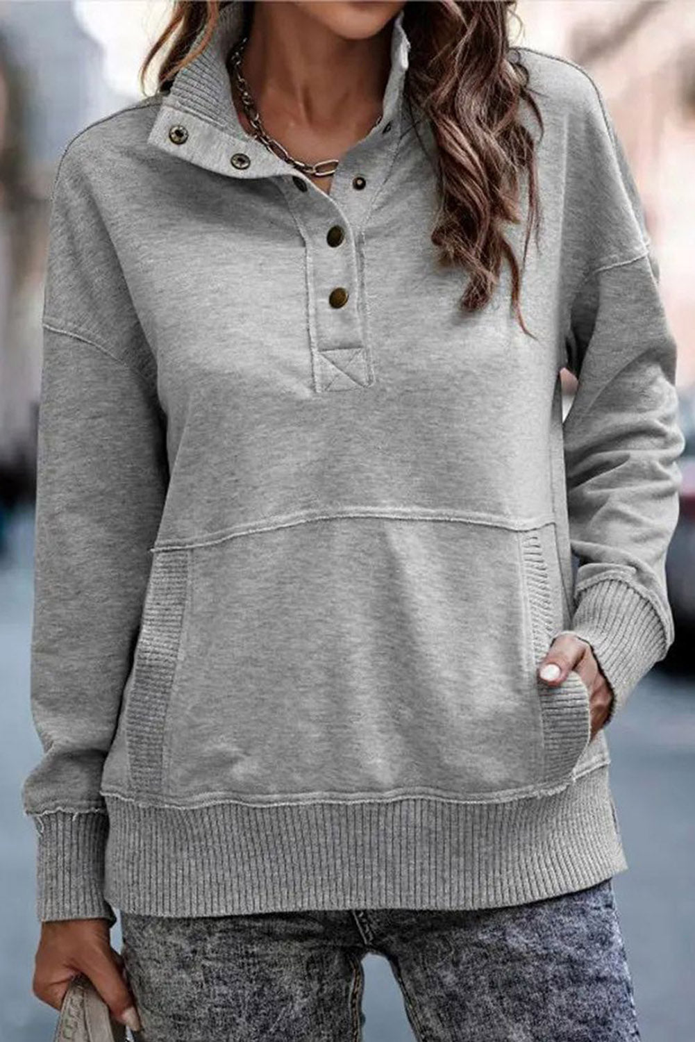 Black Ribbed Hem Snap Button Neckline Sweatshirt with Pocket