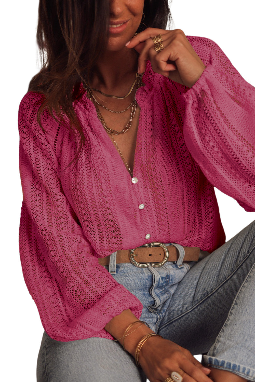 Purple V-Neck Long Sleeve Button Up Lace Shirt