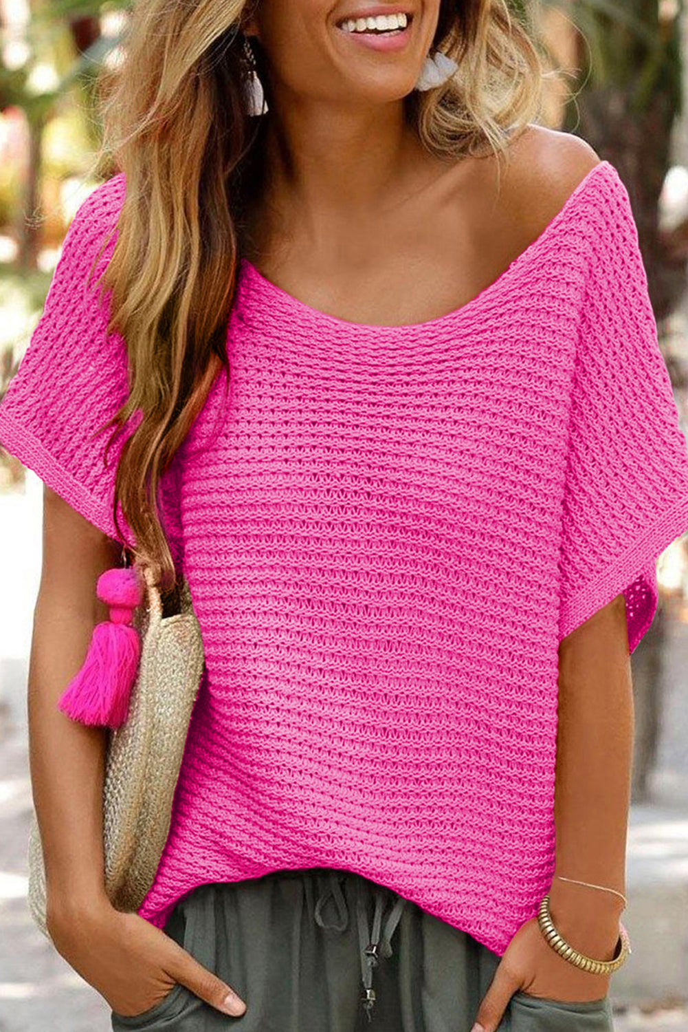 Solid Loose Knit Short Dolman Sleeve Sweater