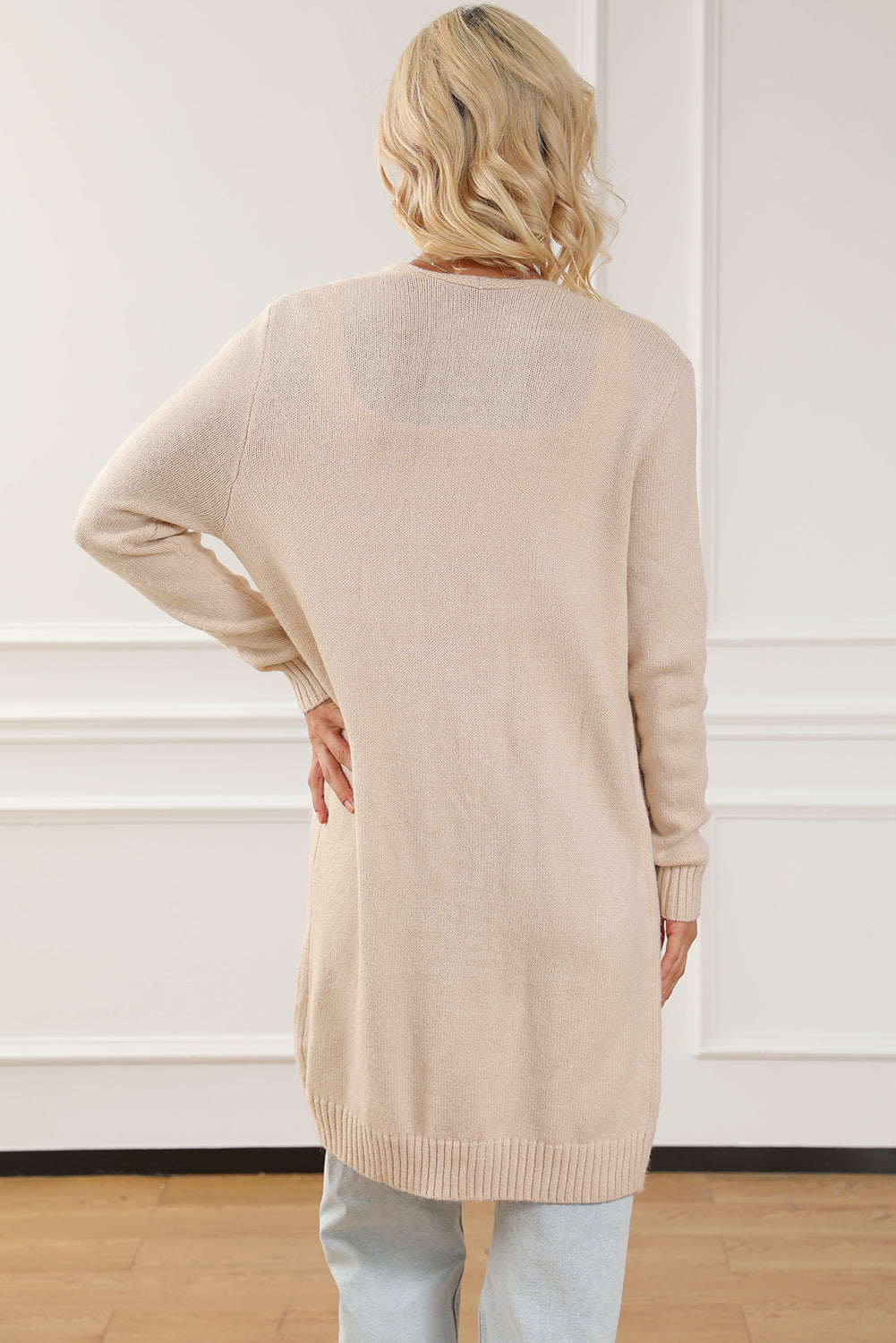 Ribbed Trim Pockets Open Front Midi Cardigan