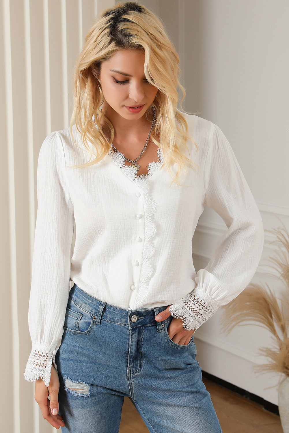 Lace Crochet Trim Deep V Neck Textured Blouse