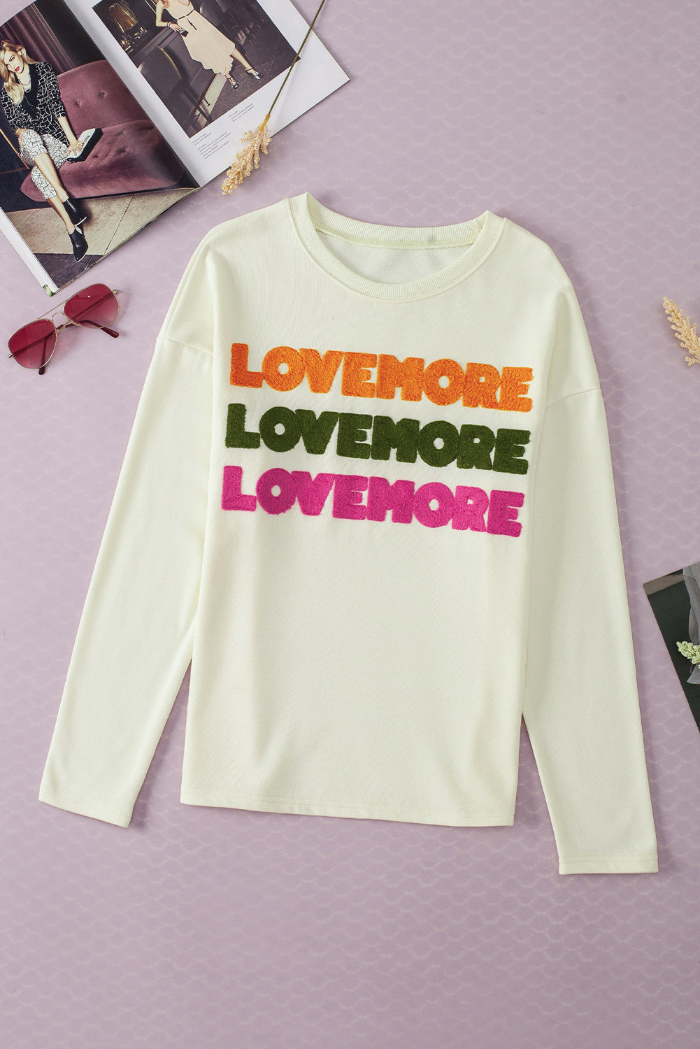 White LOVE MORE Chenille Graphic Long Sleeve Sweatshirt